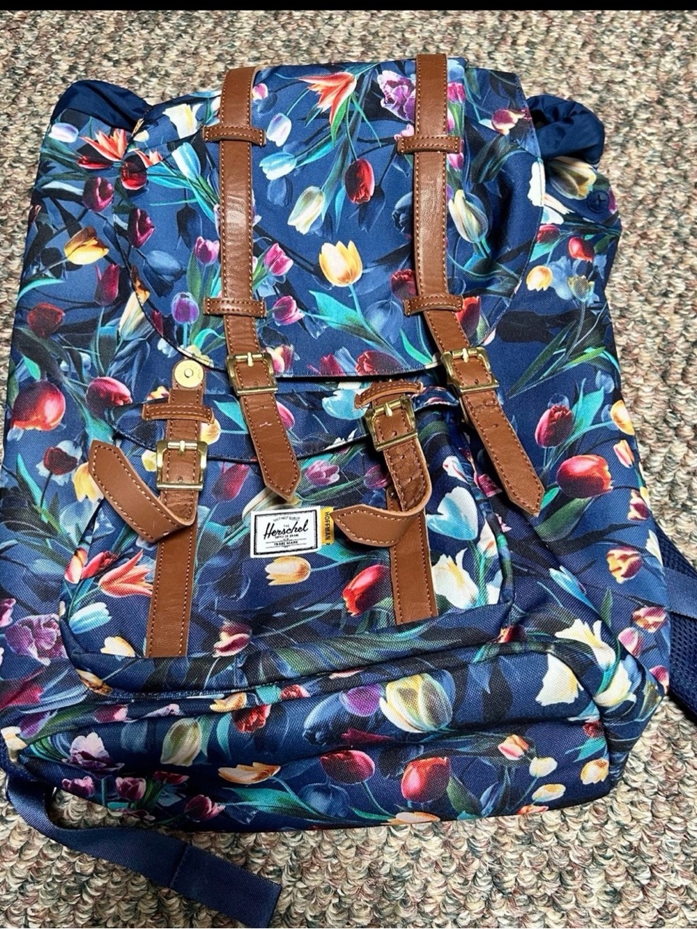 Herschel Supply Company Navy Floral Backpack with Brown Straps